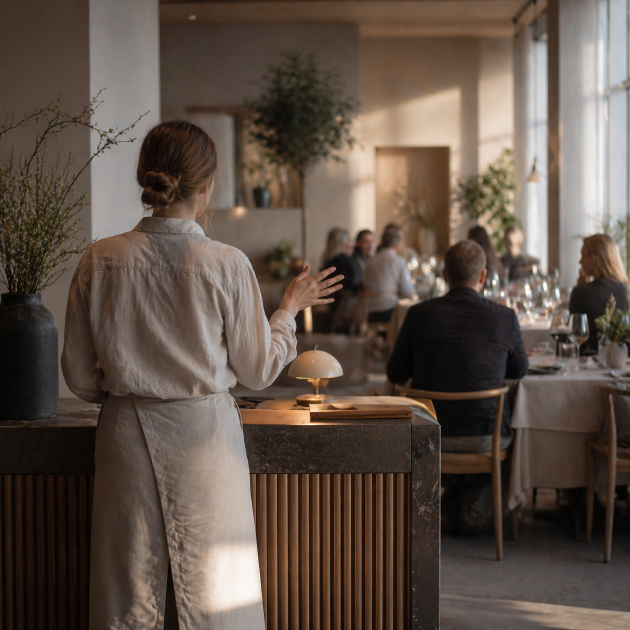 Dining room in service at a modern Scandinavian restaurant, warm late-afternoon light, host at the stand seen from behind.