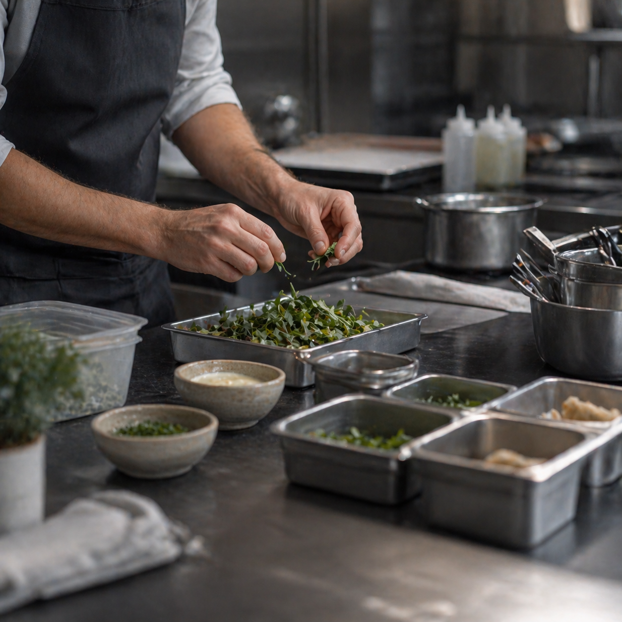 Back-of-house in a modern Scandinavian restaurant, stainless steel and stone, hands working at a prep station, cool neutral light.