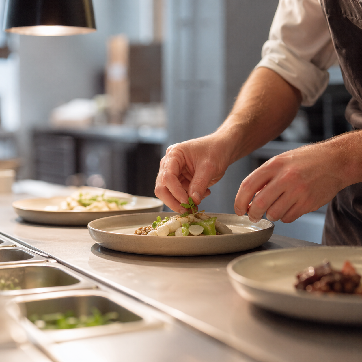 Hands plating a course at the pass in a modern Scandinavian restaurant, warm late-afternoon light.